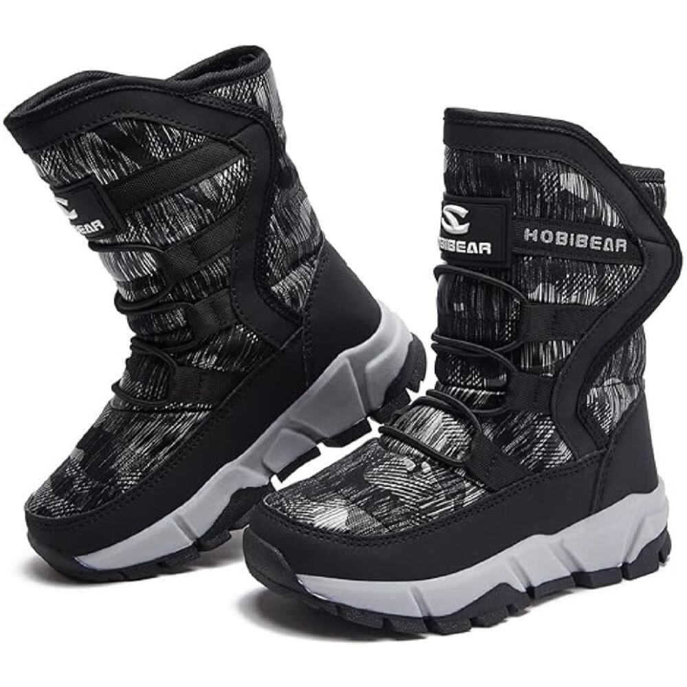 HOBIBEAR Winter Snow Boots Big Kids Sz 2 Boys Gray Fur Lined